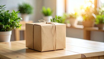 Gift Box Wrapped in Kraft Paper Tied with Twine on Wooden Table wit...