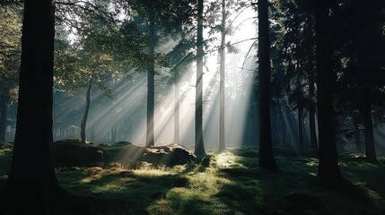 Majestic Sunlight Streaming Through Forest Trees with Ethereal Glow

