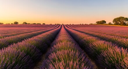 Obraz premium Lavender field at sunset with rows of purple flowers and a clear sky.
