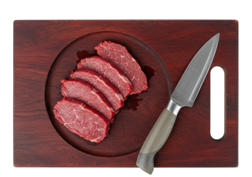 Isolated sliced raw beef meat on wooden cutting board with knife, no artificial color