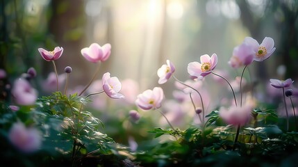 Delicate Pink Wildflowers Illuminated by Soft Morning Light in Enchanted Forest