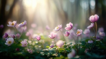 Delicate Pink Flowers Blooming in Enchanted Forest with Soft Sunlight Filtering Through