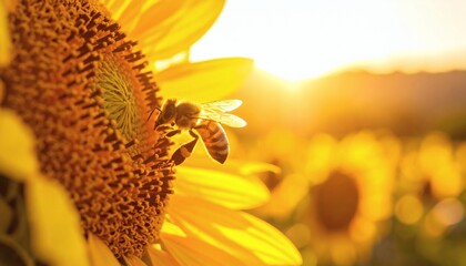 Honeybee Pollinating Sunflower at Golden Hour Sunset - Macro Shot