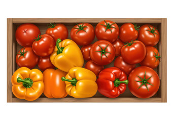 Isolated Wooden crate with ripe tomatoes and sweet bell peppers still life colorful crop