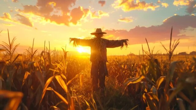 Scarecrow Stands Guard in Golden Cornfield at Sunset