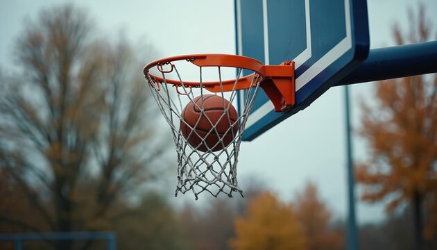 Basketball about to enter net, close-up from below on outdoor court. Represents sports competition, athletic achievement, winning goal. Focus on hoop, rim, mesh, backboard. Urban setting, concrete - Powered by Adobe