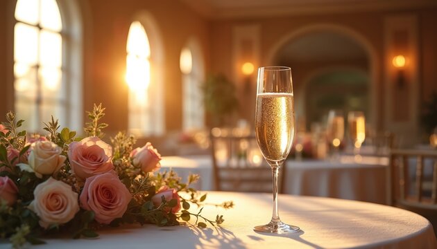 Golden hour illuminates elegant ballroom table setting with champagne flute, romantic floral arrangement. Soft sunlight filters through arched windows, creating warm, celebratory atmosphere perfect - Powered by Adobe
