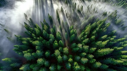 Stunning Aerial View of Lush Green Pine Forest Surrounded by Soft Mist and Sunlight Rays