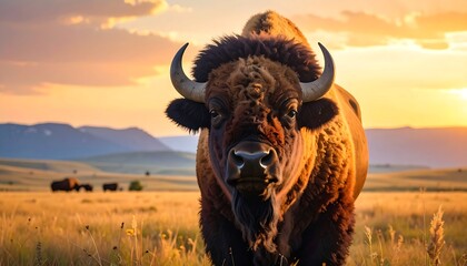 A majestic bison faces the golden sunset, its imposing presence highlighted against a vast, golden prairie landscape.