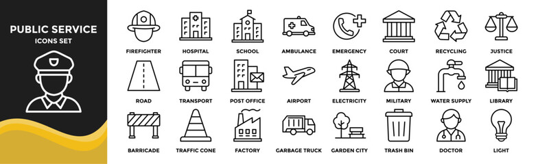Public Service icon collection set. Containing design Police, Firefighter, Hospital, School, Ambulance, Emergency