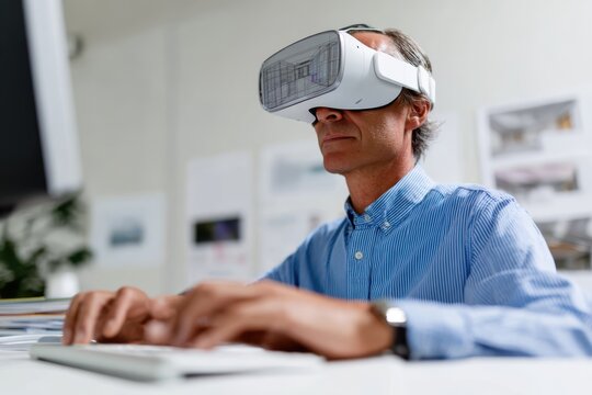 An architect reviewing 3D building models on a computer with virtual reality headset