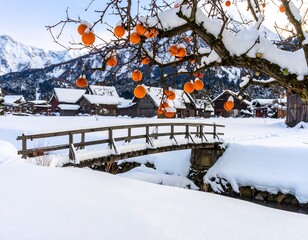 Winter village scene with snowy bridge and fruit-laden trees