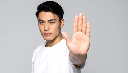 A man displays a resolute, assertive gesture of refusal against a neutral backdrop.