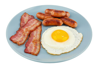 Isolated Plate with Classic Breakfast – Bacon, Fried Egg, and Sausages in a Pale Blue Dish