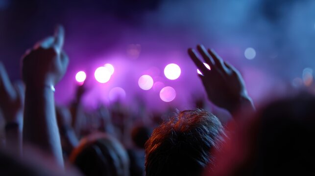 Group of young adults enjoying a music festival with colorful lights and energetic crowd
