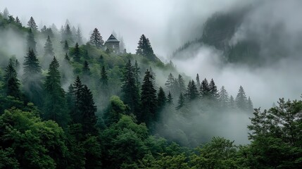 A Mystical Castle Emerging from the Misty Forest with Lush Greenery and Enigmatic Atmosphere