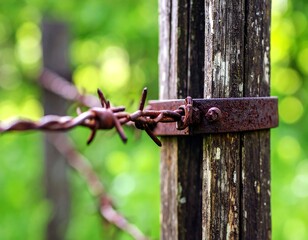 Rusty barbed wire fence post