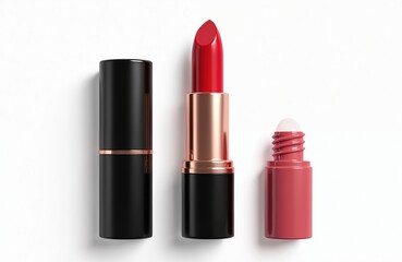 Minimalist visual illustration of luxury lipstick. Bold red lipstick tube with rose gold accents. Clean shadow effect. Customizable cosmetic product for makeup application. High-end beauty concept.