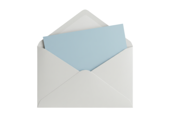 Isolated envelope with a light blue card inside ready for correspondence or personal note
