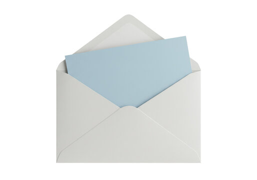 Isolated envelope with a light blue card inside ready for correspondence or personal note