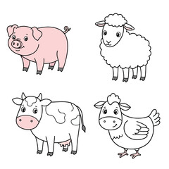 Fototapeta premium Farm Animal Cartoon Outline Vector Set – Pig Sheep Cow Chicken Coloring Page Illustration