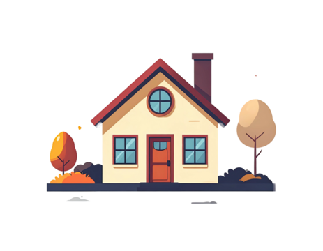 Cute cartoon house with autumnal trees and leaves