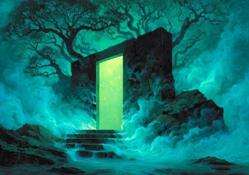 Watercolor and tempera painting of a glowing magical portal hidden in a forest, swirling with cosmic mist and opening to a fantasy realm.