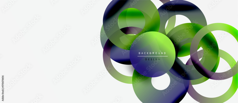 Poster abstract vibrant circles overlap, creating dynamic visual effect. gradient colors blend, forming mod