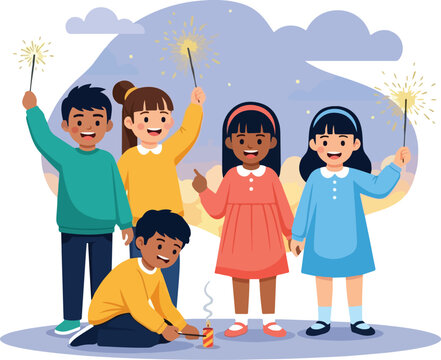 kids celebrating with sparklers and fireworks clip art preview