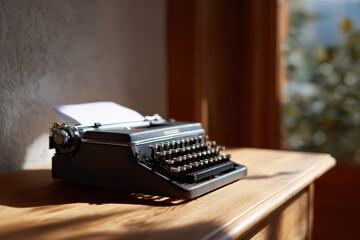 Vintage typewriter with sheet of paper halfway inserted on a wooden desk bathed in warm natural light from a nearby window