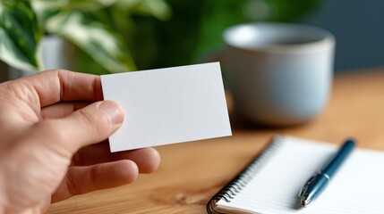 Obraz premium A person is hand holding a business card template on a desk, with a pen and a notepad nearby.