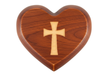 Isolated Heart shaped wooden plaque with cross symbol for religious or Christian gifts
