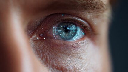 A close-up of a person is eye, with a digital overlay of biometric data and security symbols, representing cybersecurity and AI vision.