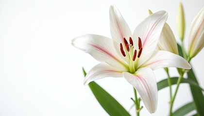Fototapeta premium Elegant white lily flower closeup against isolated white background. Delicate petals with subtle pink stripes, green leaves, red stamen. Blooming plant ideal for wedding invitations, greeting cards,