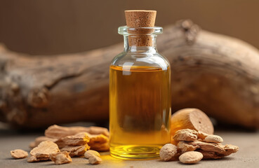 Glass bottle of aromatic sandalwood essential oil surrounded by wood pieces. Golden liquid for aromatherapy, beauty, wellness, massage. Natural fragrance for skin, body care, relaxation.