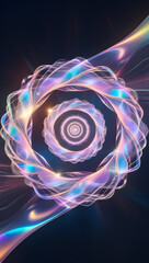 Abstract swirling vortex of colorful light and energy with concentric circles and glowing trails against a dark background