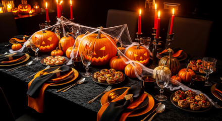 Halloween dinner party table, decorated with glowing jack-o'-lanterns, candles, and spooky spiderwebs.