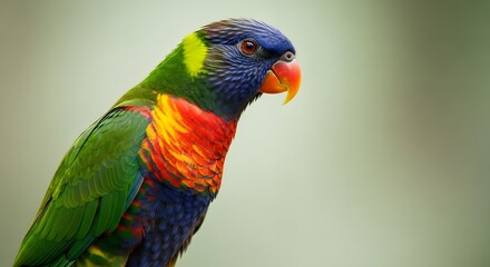 Naklejka premium A vibrant Rainbow Lorikeet parrot with colorful plumage stands in profile against a soft, blurred background.