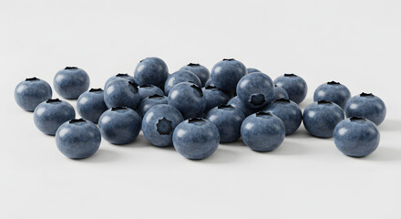 A small pile of fresh, ripe blueberries scattered on a clean, plain white background.