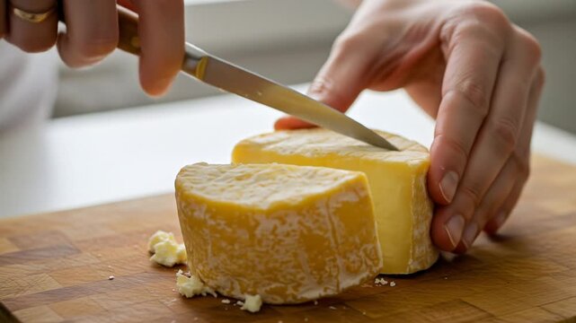 Cutting cheese with knife close up