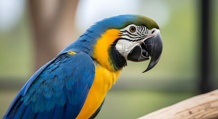 Fototapeta premium A close-up profile of a vibrant blue-and-yellow macaw parrot perched on a branch.