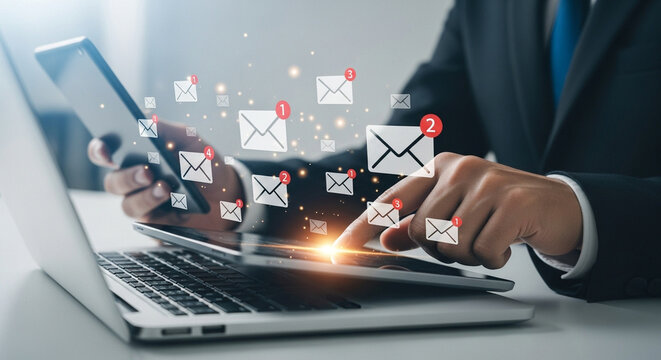 Businessman manages emails and notifications on digital devices with flying envelopes - Powered by Adobe