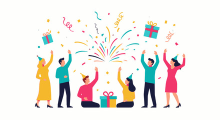 Celebration Party Scene with Excited Diverse Group of People Enjoying Fireworks, Gift Boxes, and Confetti, Highlighting Joy, Festivity, and Social Gathering for Event Promotion and Holiday Advertising