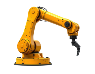 Industrial robotic arm, yellow and black, isolated