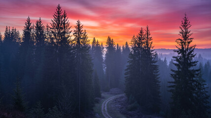 A road through a dense, misty forest at sunset