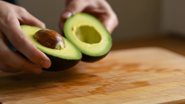 Hands halving avocado on wooden cutting board