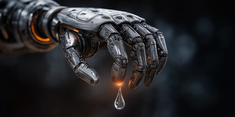 Robotic hand managing water scarcity urban environment digital art technology futuristic concept for water scarcity management