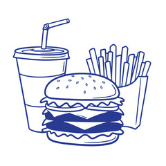 Delicious hand drawn illustration of a cheeseburger french fries and soda drink combo