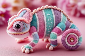 Pastel felt chameleon toy with striped body on pink background.