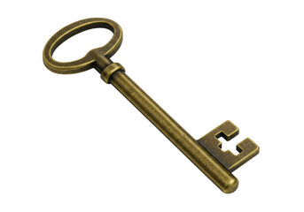 Isolated antique gold skeleton key for vintage lock, old secure passkey concept, classic tool